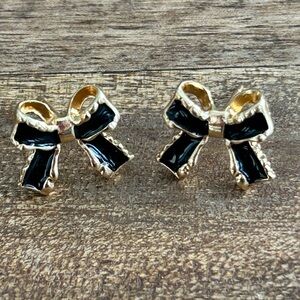 Gold Tone & Black Enamel Bow Earrings New